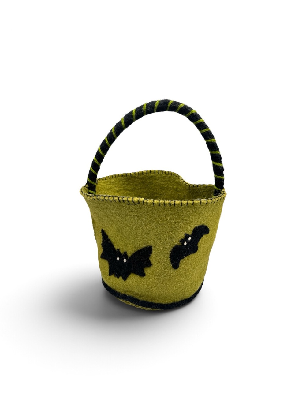 Y2K Handmade Felted Wool Halloween Bucket Green Black Bats Trick or Treat Basket